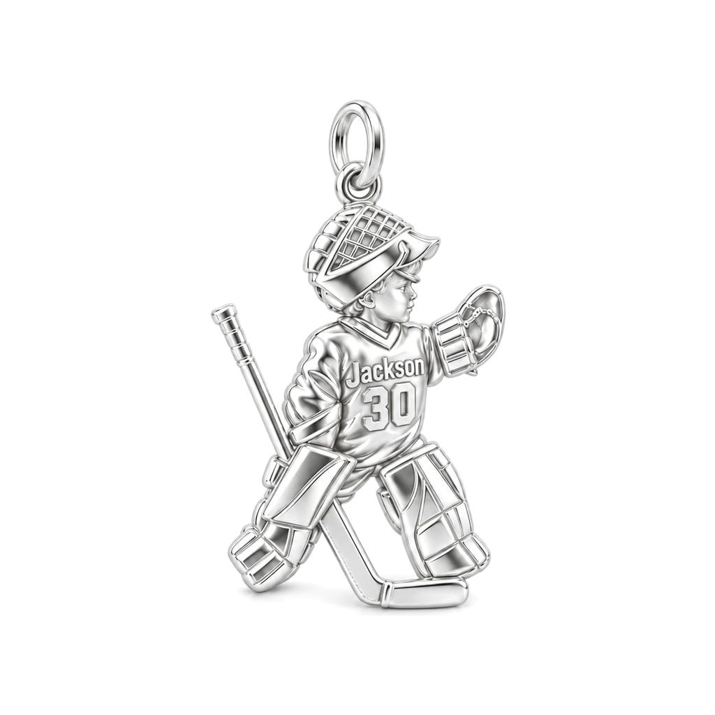 Little Hockey Goalie Charm Bracelet – Personalized Mom Gift – silver charm, front view