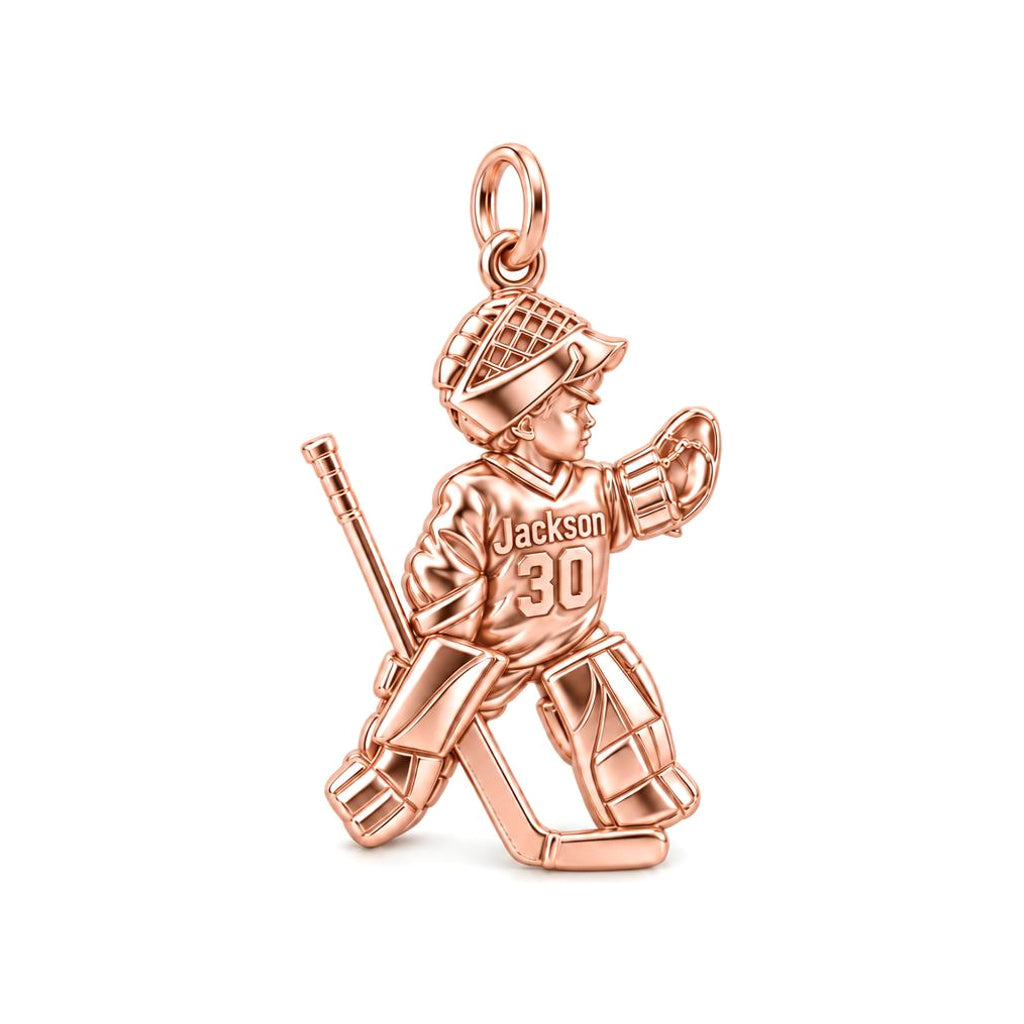 Little Hockey Goalie Charm Bracelet – Personalized Mom Gift – rose gold charm, front view