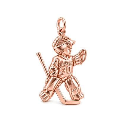 Little Hockey Goalie Charm Bracelet – Personalized Mom Gift – rose gold charm, front view