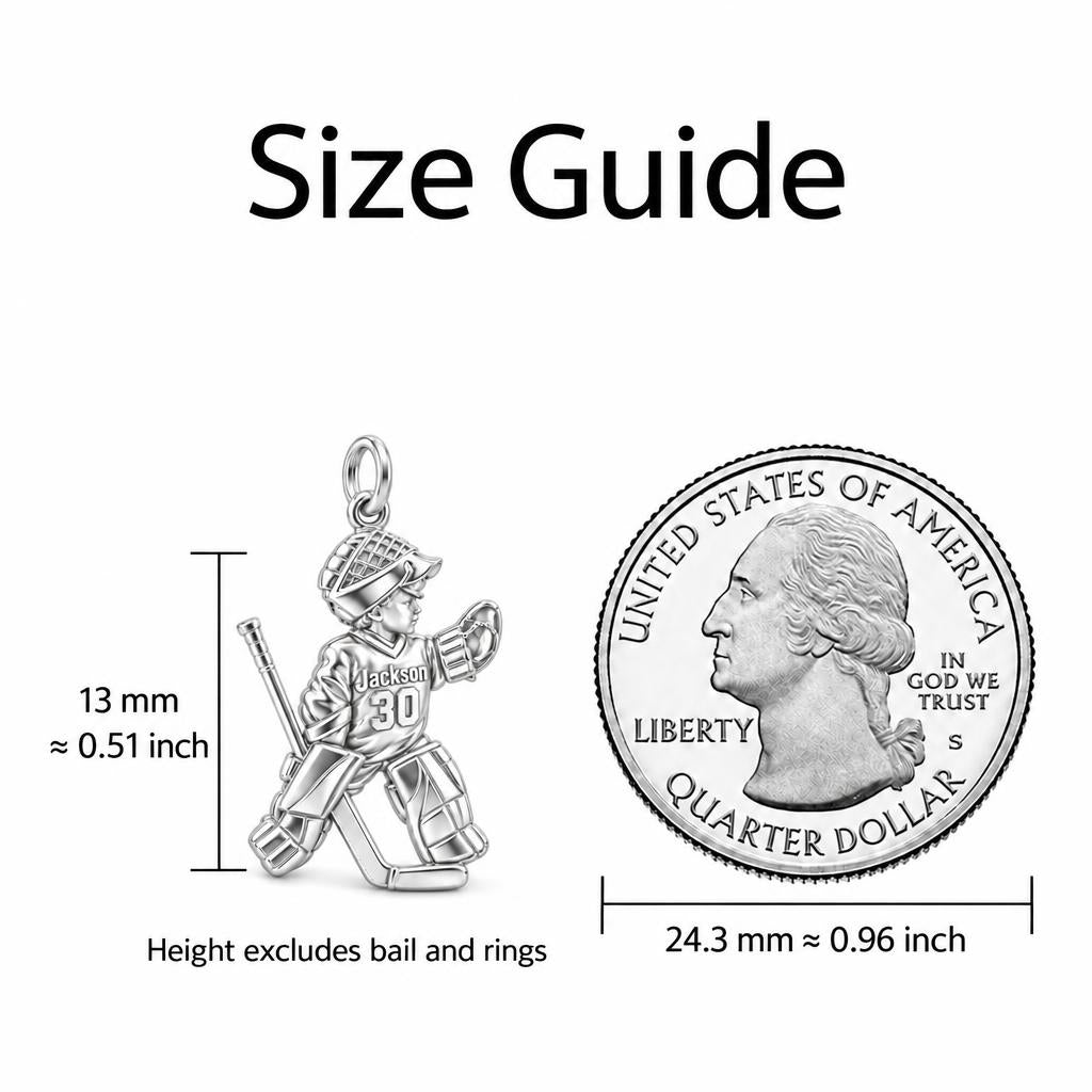 Little Hockey Goalie Charm Bracelet – Personalized Mom Gift – size guide, 13 mm charm next to a quarter