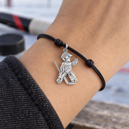 Little Hockey Goalie Charm Bracelet – Personalized Mom Gift – worn on the wrist on a black cord bracelet