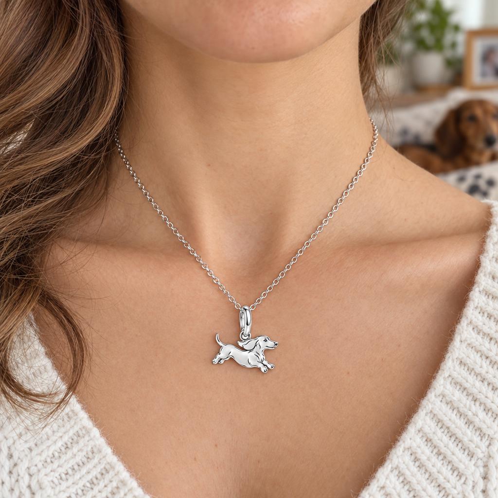 Little Joy Dachshund Charm Necklace Set – worn / in use