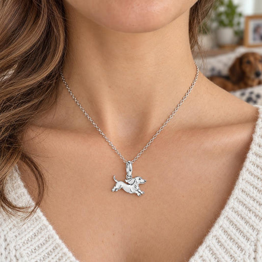 Little Joy Dachshund Charm Necklace Set – worn / in use