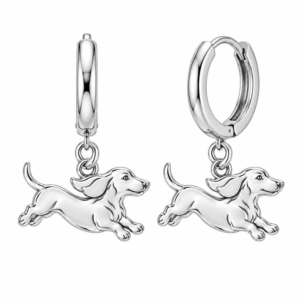 Little Joy Dachshund Huggie Charm Earrings – silver, front view