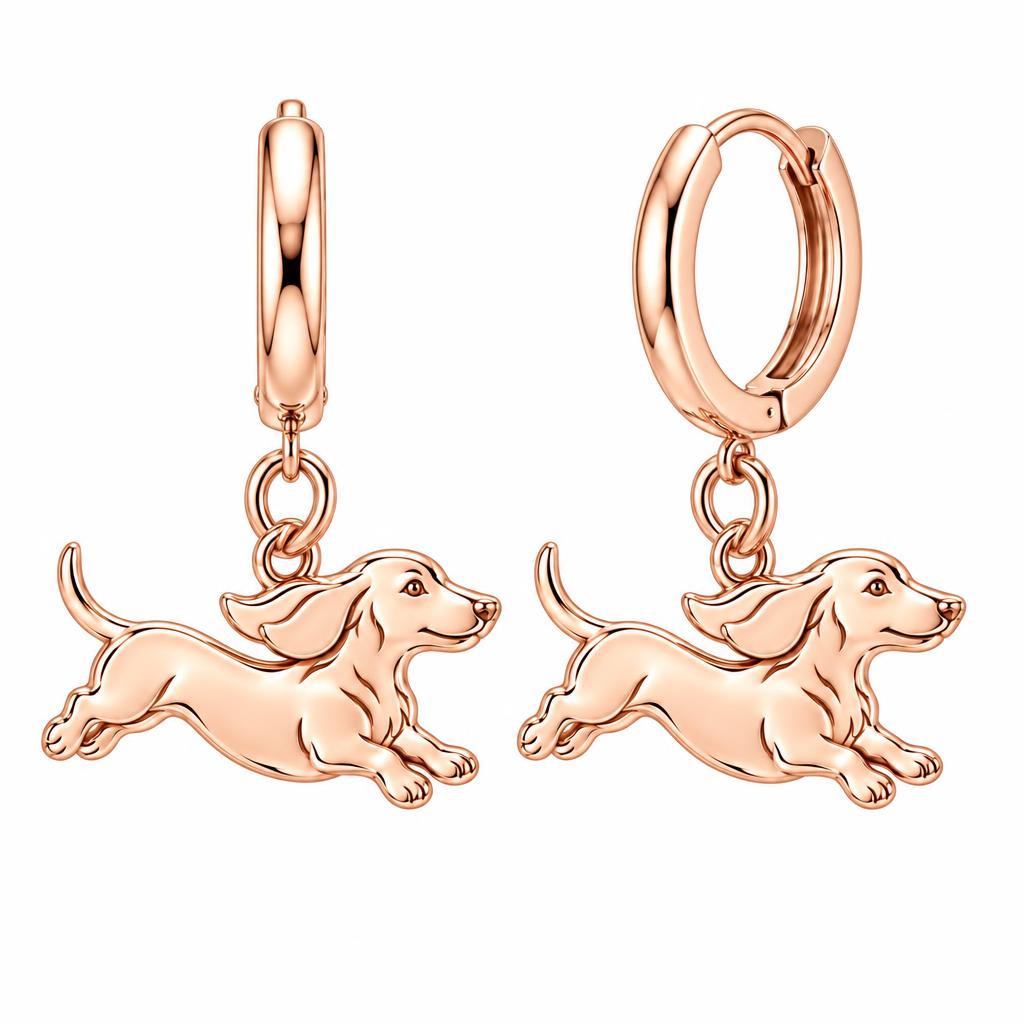 Little Joy Dachshund Huggie Charm Earrings – rose gold, front view