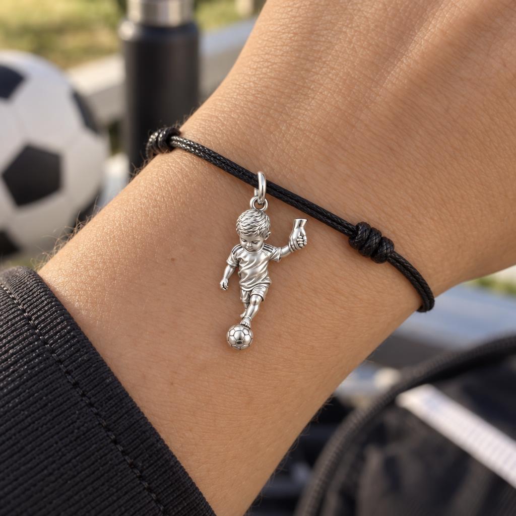 Little Kicker Holding Hands Charm Bracelet – Personalized Mom Gift – worn on the wrist on a black cord bracelet