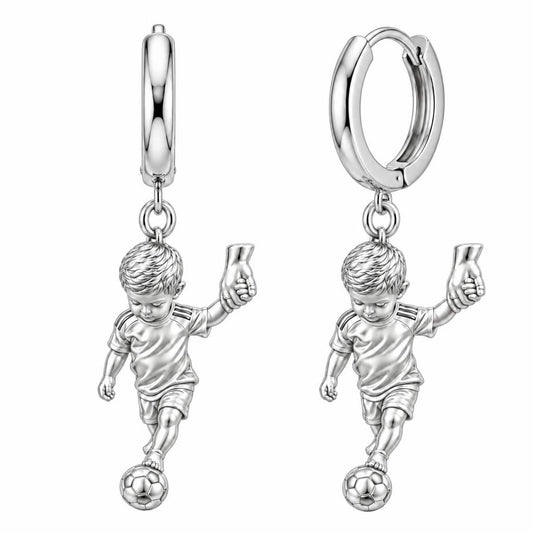 Little Kicker Holding Hands Huggie Charm Earrings – silver, front view