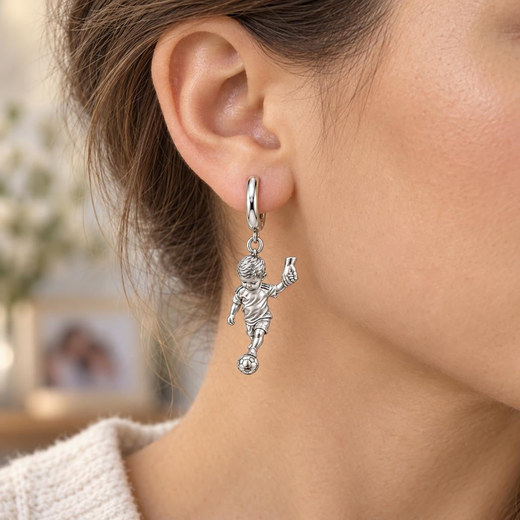 Little Kicker Holding Hands Huggie Charm Earrings – worn / in use