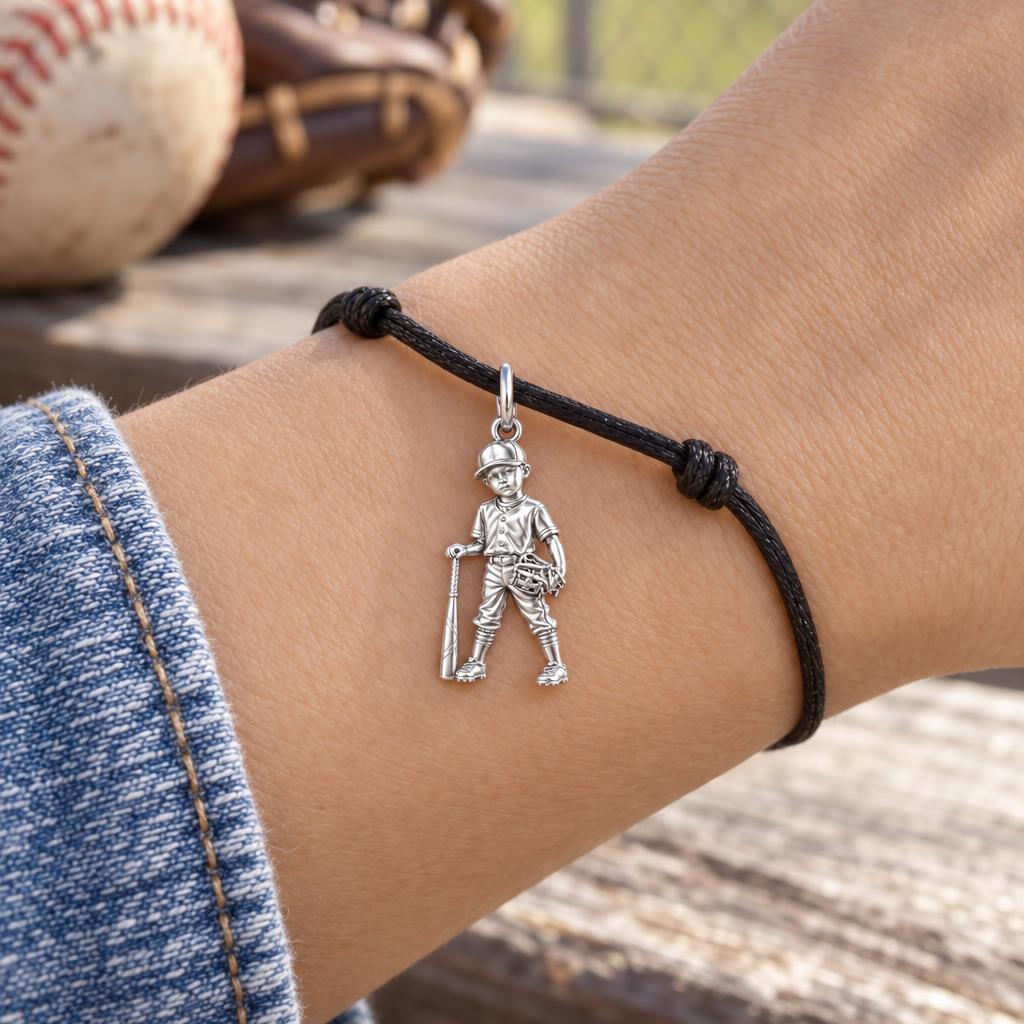 Little League Legend Charm Bracelet – Personalized Mom Gift – worn on the wrist on a black cord bracelet