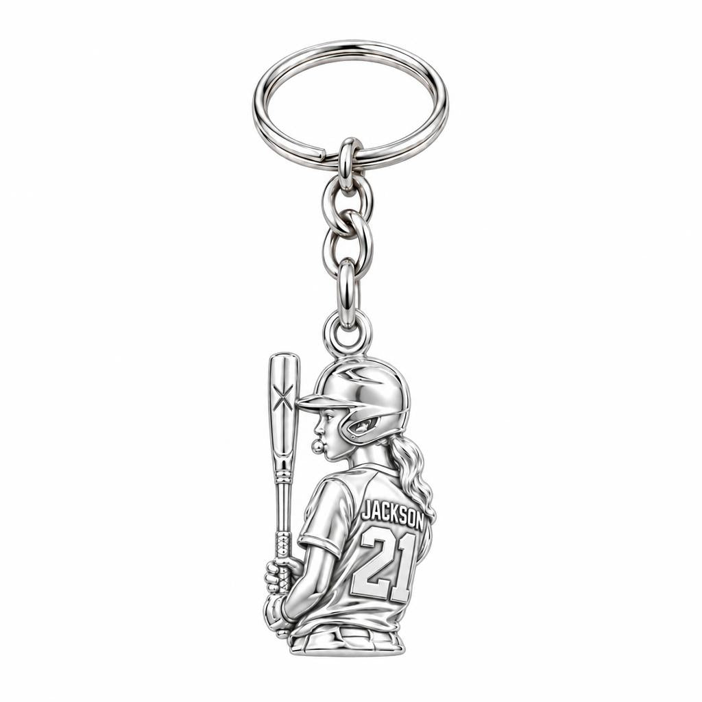 Little Leaguer At Bat Charm Keychain – silver, front view