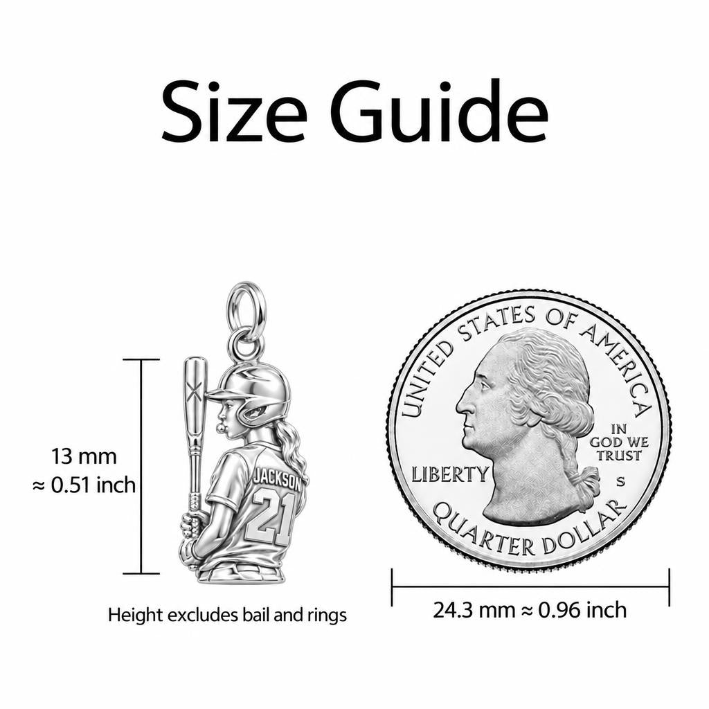 Little Leaguer At Bat Charm Necklace Set – size guide, 13 mm charm next to a quarter