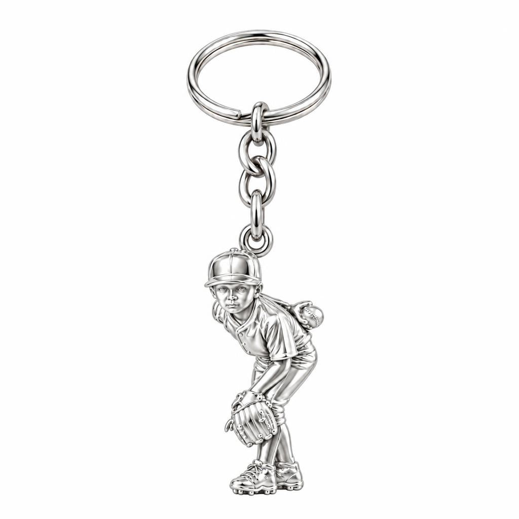 Little Leaguer at the Ready Charm Keychain – silver, front view