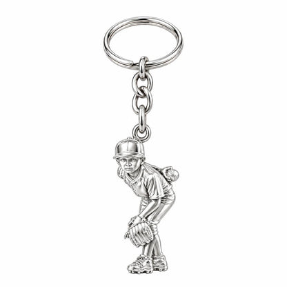Little Leaguer at the Ready Charm Keychain – silver, front view