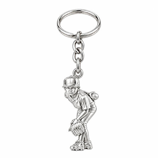 Little Leaguer at the Ready Charm Keychain – silver, front view