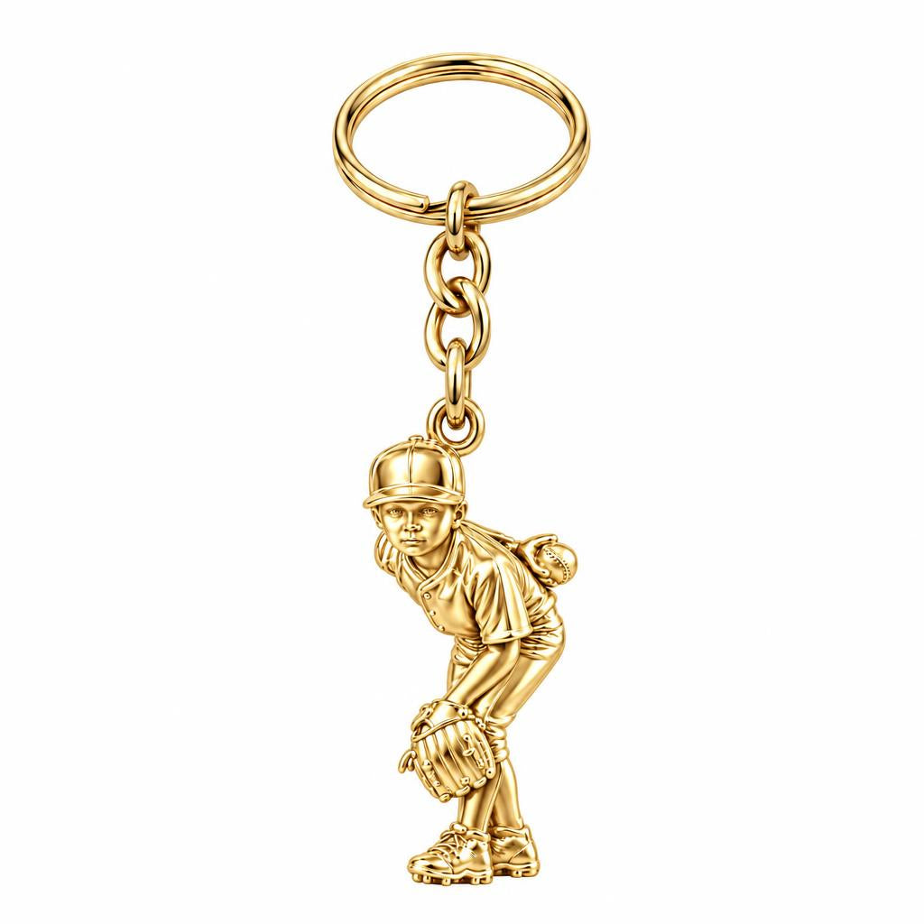 Little Leaguer at the Ready Charm Keychain – 18K gold, front view
