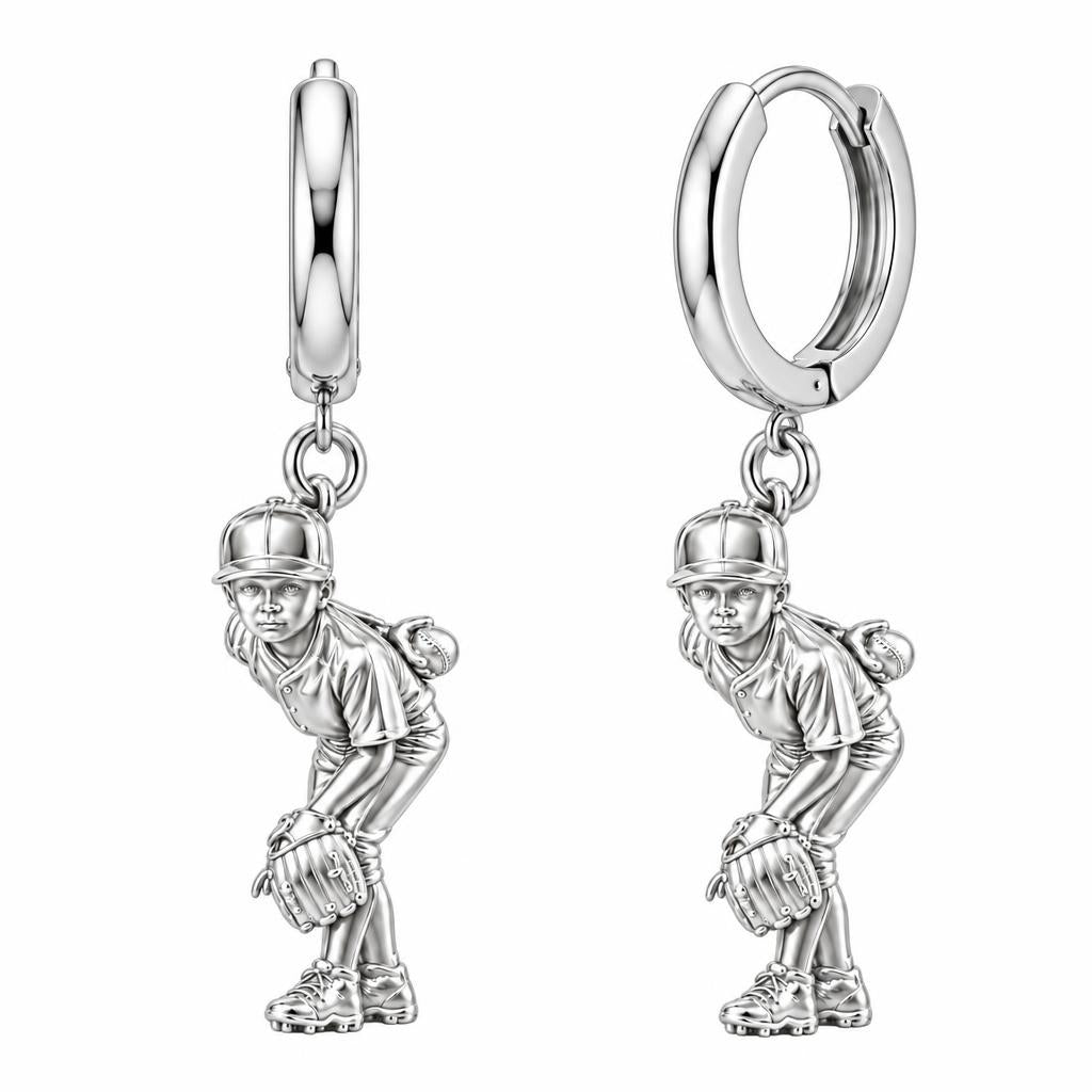Little Leaguer at the Ready Huggie Charm Earrings – silver, front view