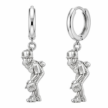 Little Leaguer at the Ready Huggie Charm Earrings – silver, front view