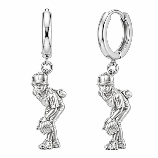 Little Leaguer at the Ready Huggie Charm Earrings – silver, front view