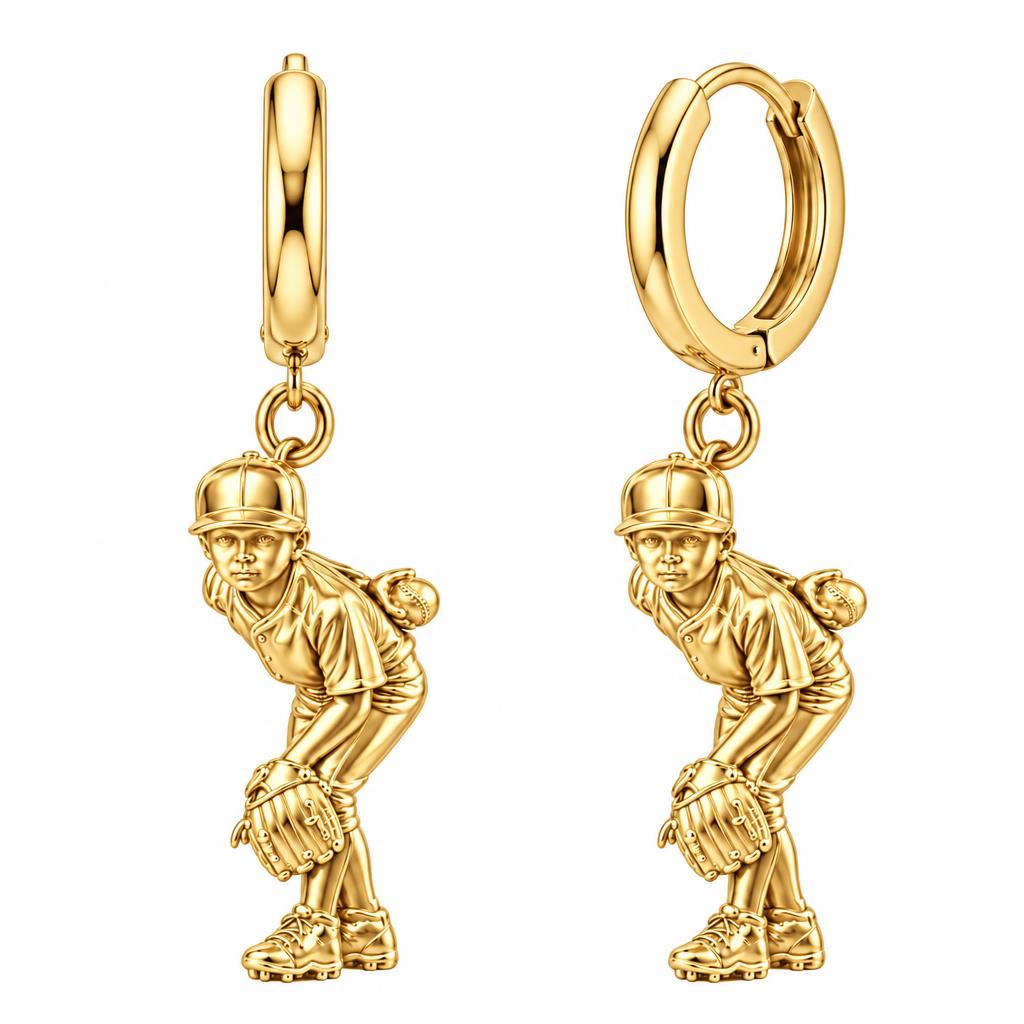 Little Leaguer at the Ready Huggie Charm Earrings – 18K gold, front view