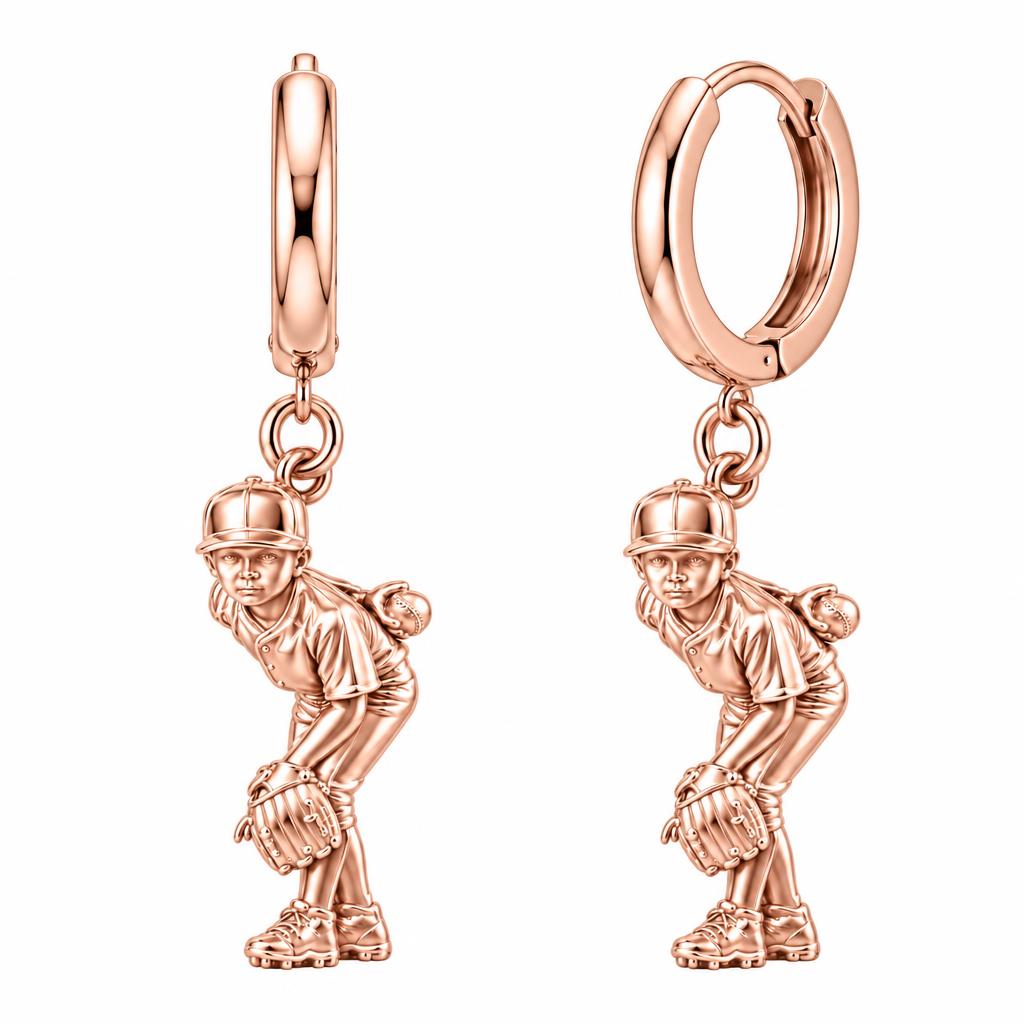 Little Leaguer at the Ready Huggie Charm Earrings – rose gold, front view