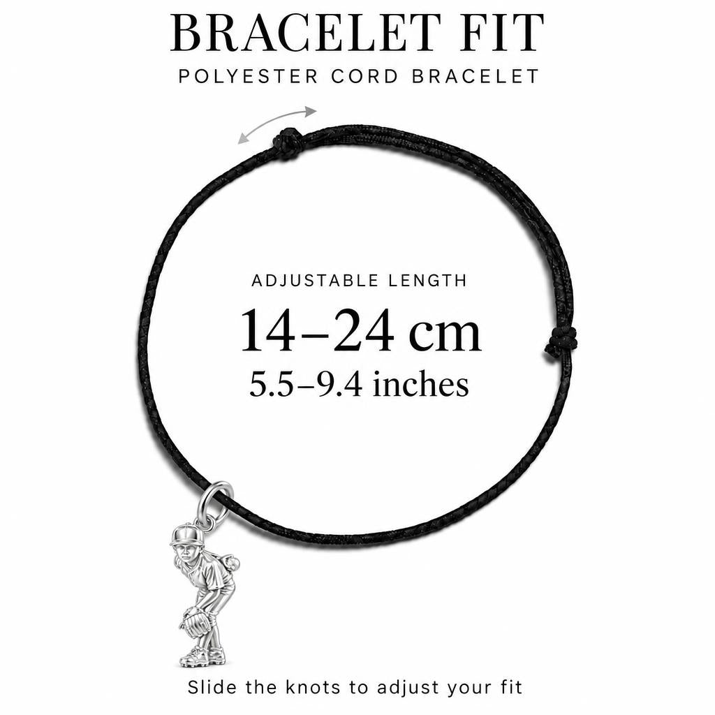 Little Leaguer Charm Bracelet – Personalized Sports Mom Gift – adjustable black cord bracelet, 14–24 cm