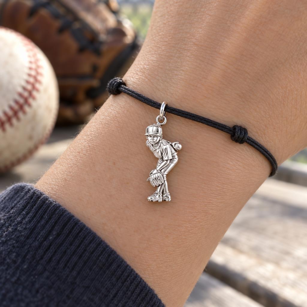 Little Leaguer Charm Bracelet – Personalized Sports Mom Gift – worn on the wrist on a black cord bracelet
