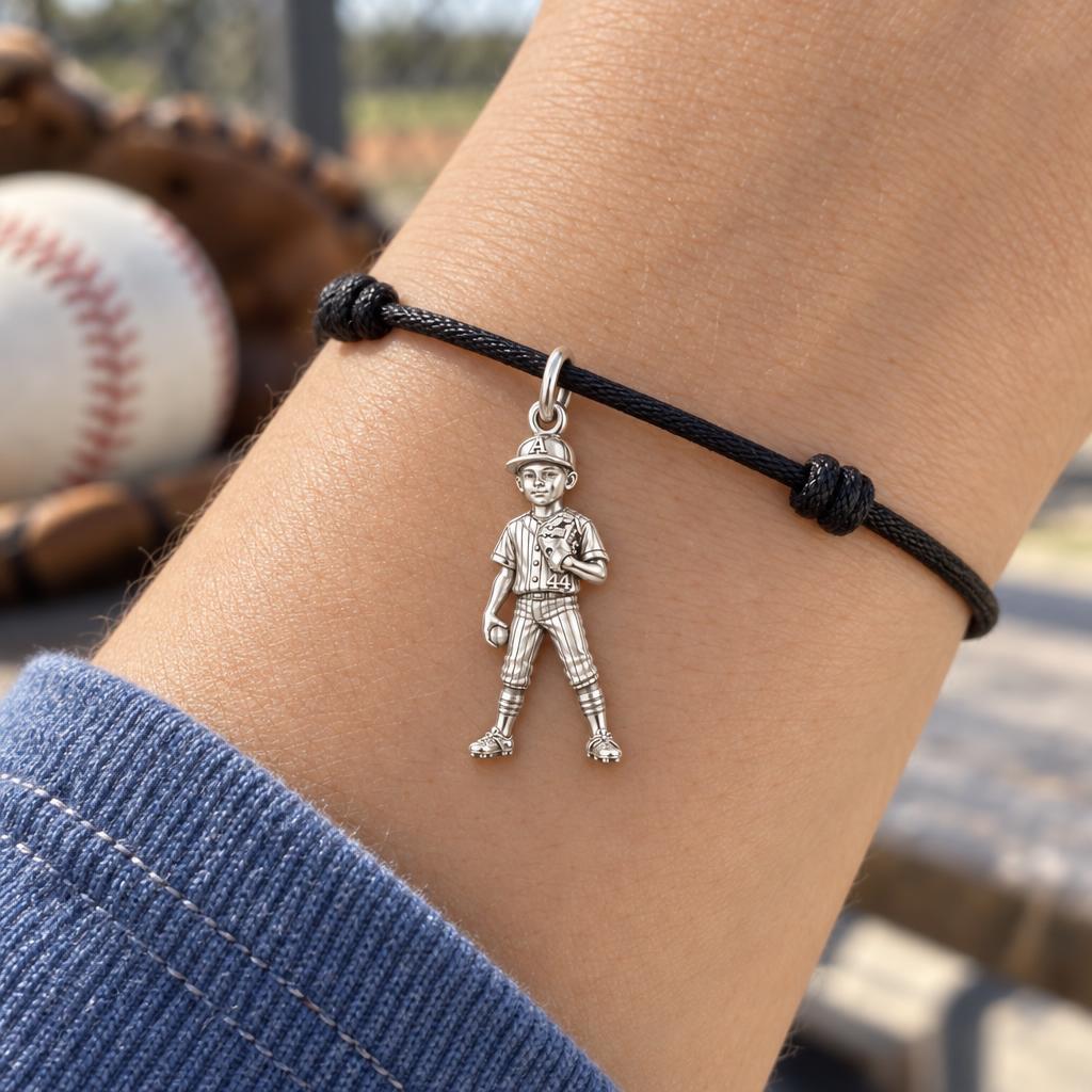Little Leaguer Dreams Charm Bracelet – Personalized Mom Gift – worn on the wrist on a black cord bracelet