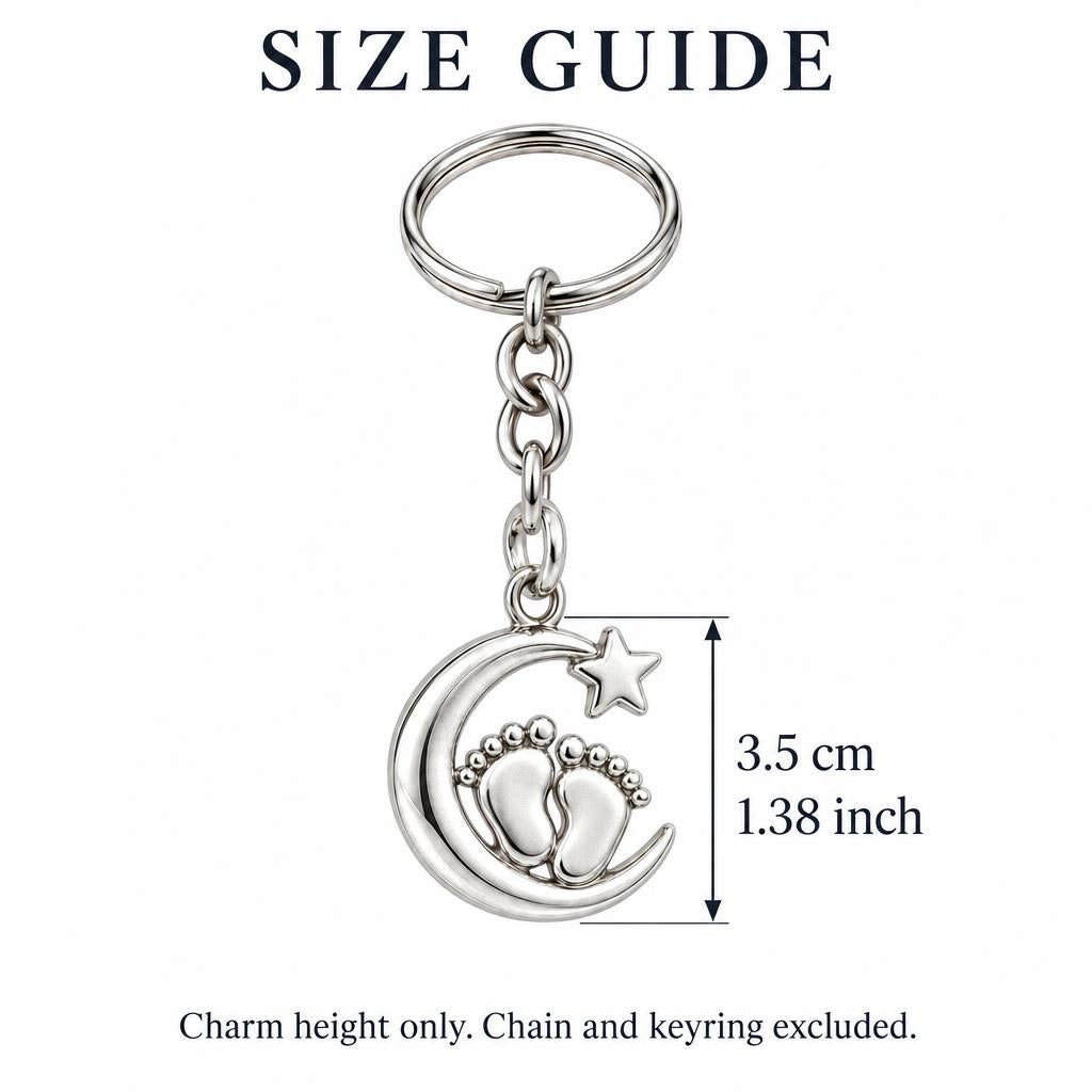 Little Moonsteps Charm Keychain – size guide, 3.5 cm (1.38 in) charm, chain and keyring excluded