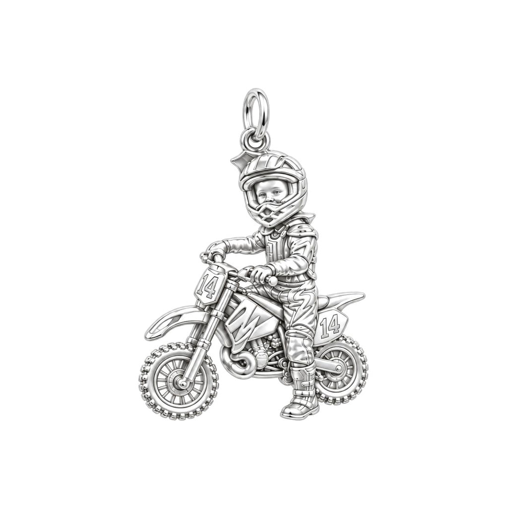 Little Motocross Hero Charm Bracelet – Personalized Mom Gift – silver charm, front view