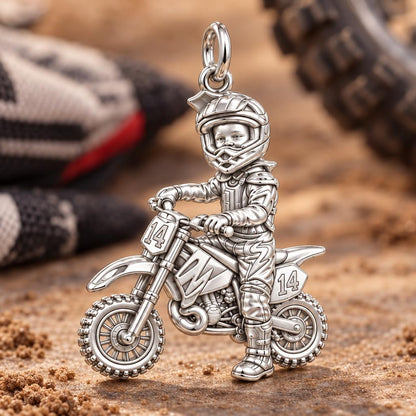 Little Motocross Hero Charm Bracelet – Personalized Mom Gift – macro detail of the charm