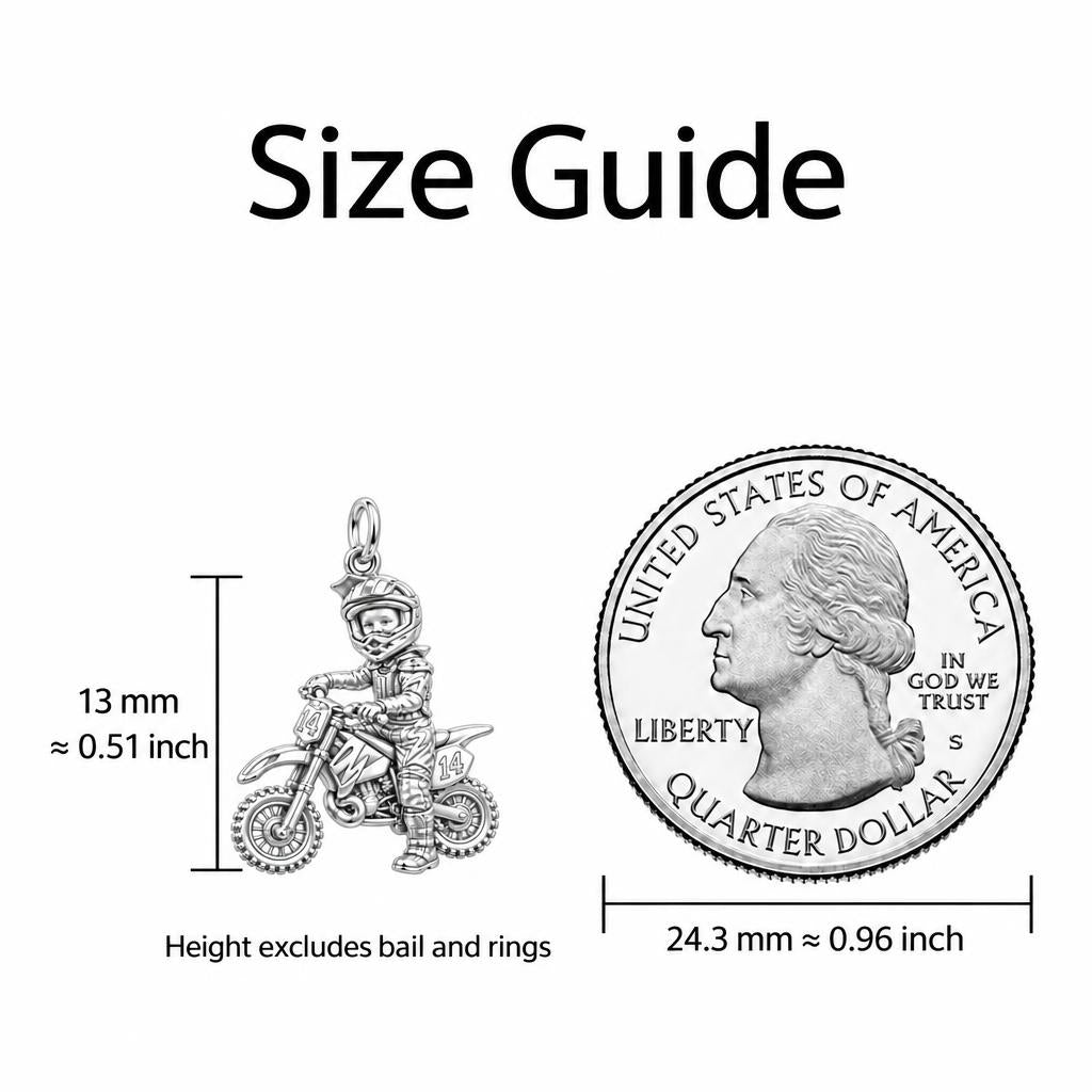 Little Motocross Hero Charm Bracelet – Personalized Mom Gift – size guide, 13 mm charm next to a quarter