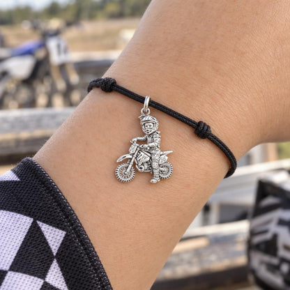 Little Motocross Hero Charm Bracelet – Personalized Mom Gift – worn on the wrist on a black cord bracelet