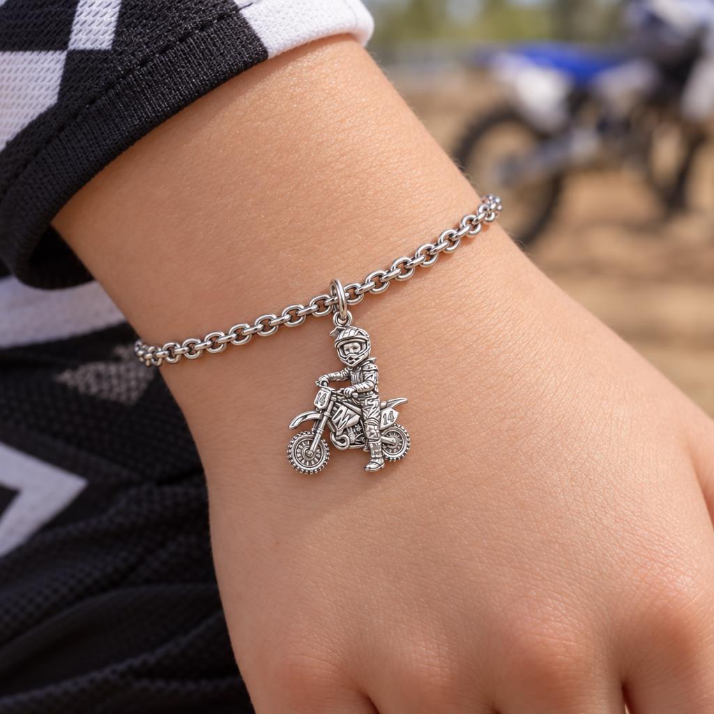 Little Motocross Hero Charm Bracelet Set – worn / in use