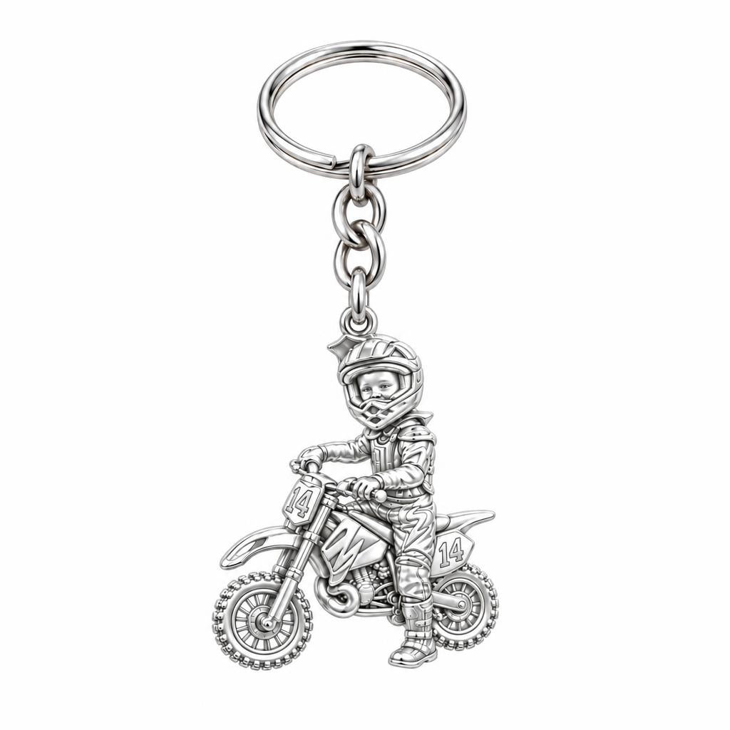 Little Motocross Hero Charm Keychain – silver, front view