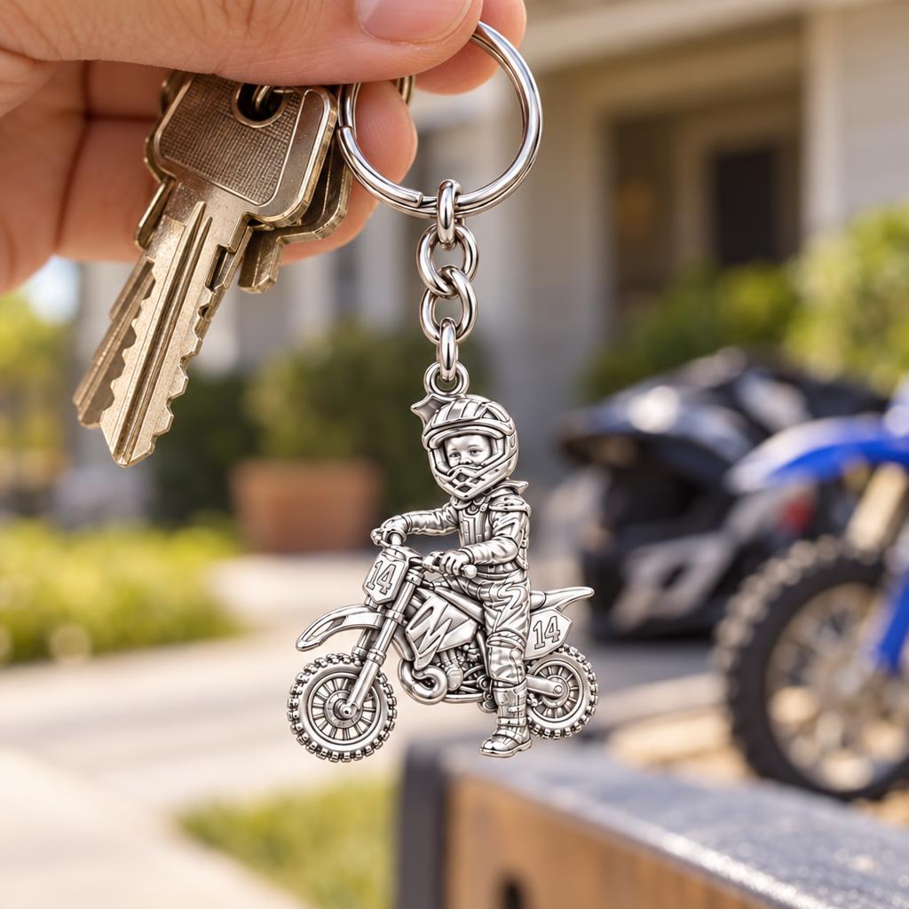 Little Motocross Hero Charm Keychain – worn / in use