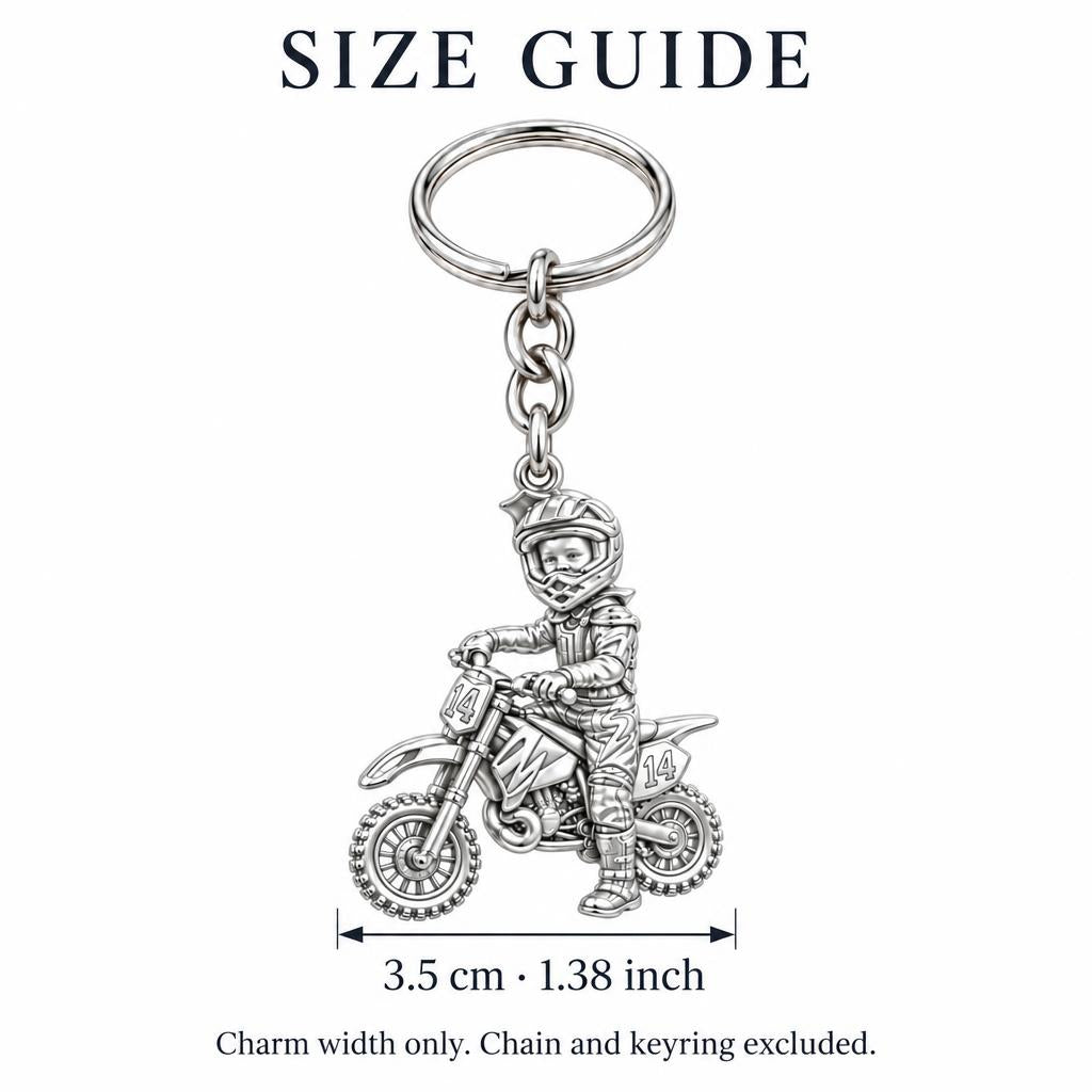 Little Motocross Hero Charm Keychain – size guide, 3.5 cm (1.38 in) charm, chain and keyring excluded