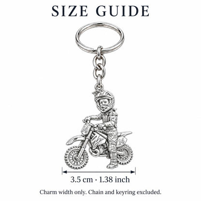 Little Motocross Hero Charm Keychain – size guide, 3.5 cm (1.38 in) charm, chain and keyring excluded