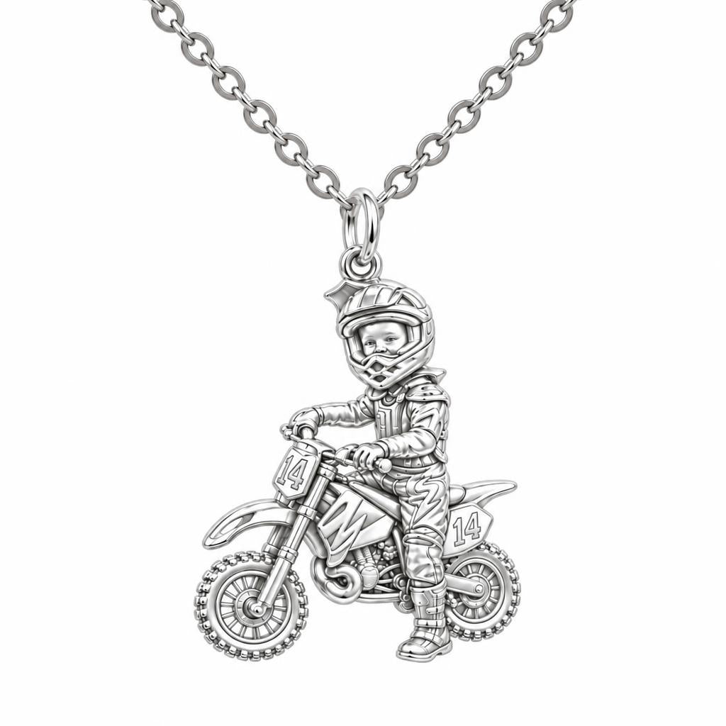 Little Motocross Hero Charm Necklace Set – silver, front view