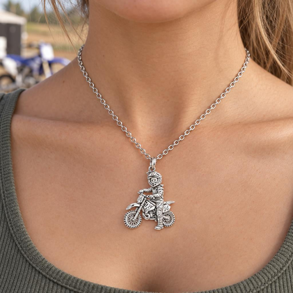 Little Motocross Hero Charm Necklace Set – worn / in use