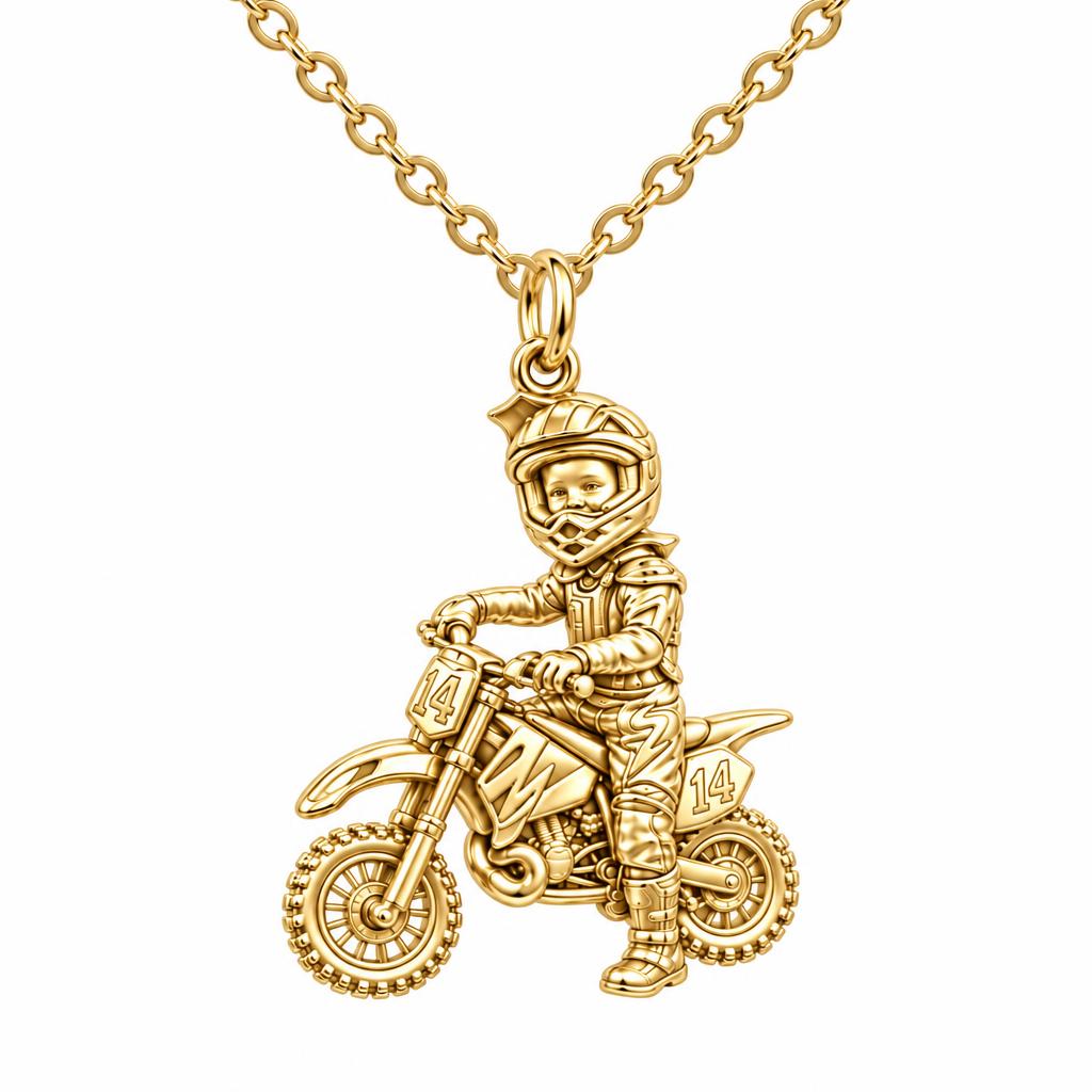 Little Motocross Hero Charm Necklace Set – 18K gold, front view