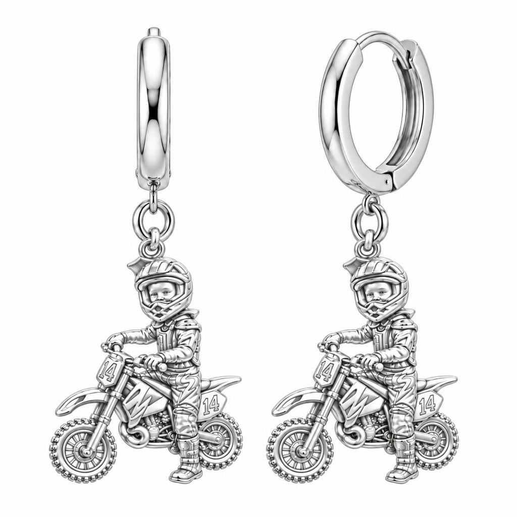 Little Motocross Hero Huggie Charm Earrings – silver, front view