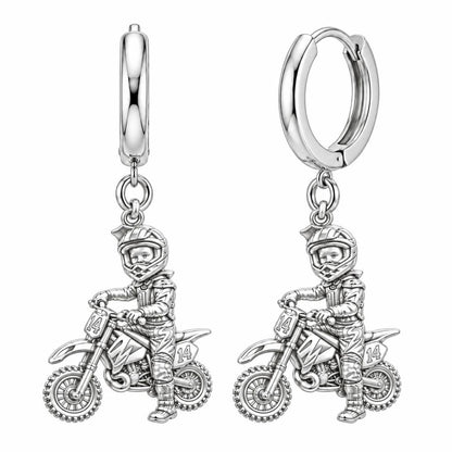 Little Motocross Hero Huggie Charm Earrings – silver, front view