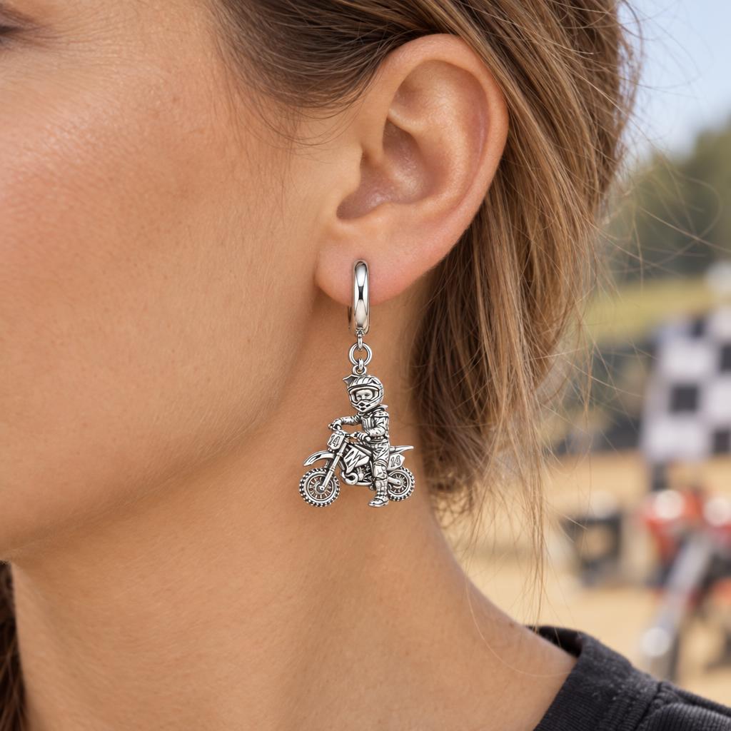 Little Motocross Hero Huggie Charm Earrings – worn / in use