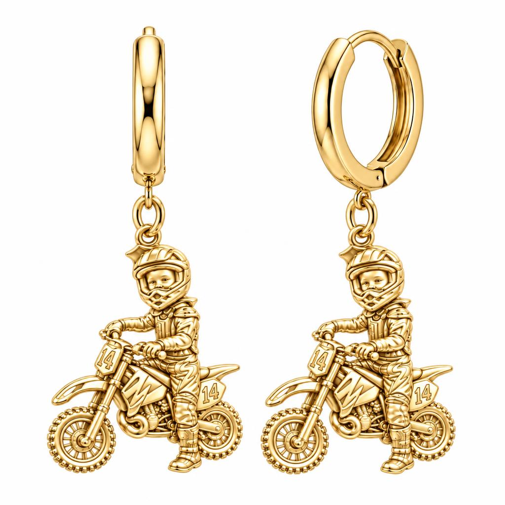 Little Motocross Hero Huggie Charm Earrings – 18K gold, front view