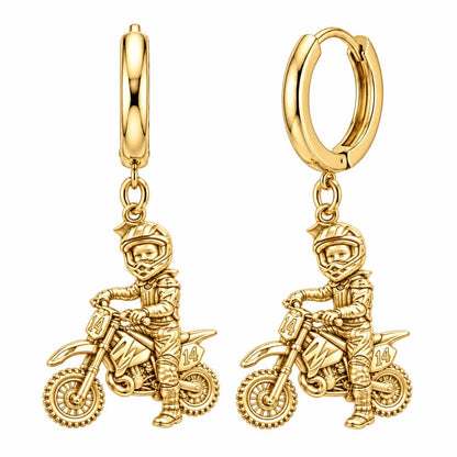Little Motocross Hero Huggie Charm Earrings – 18K gold, front view
