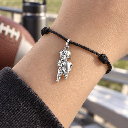 Little MVP Footballer Charm Bracelet – Personalized Mom Gift – worn on the wrist on a black cord bracelet