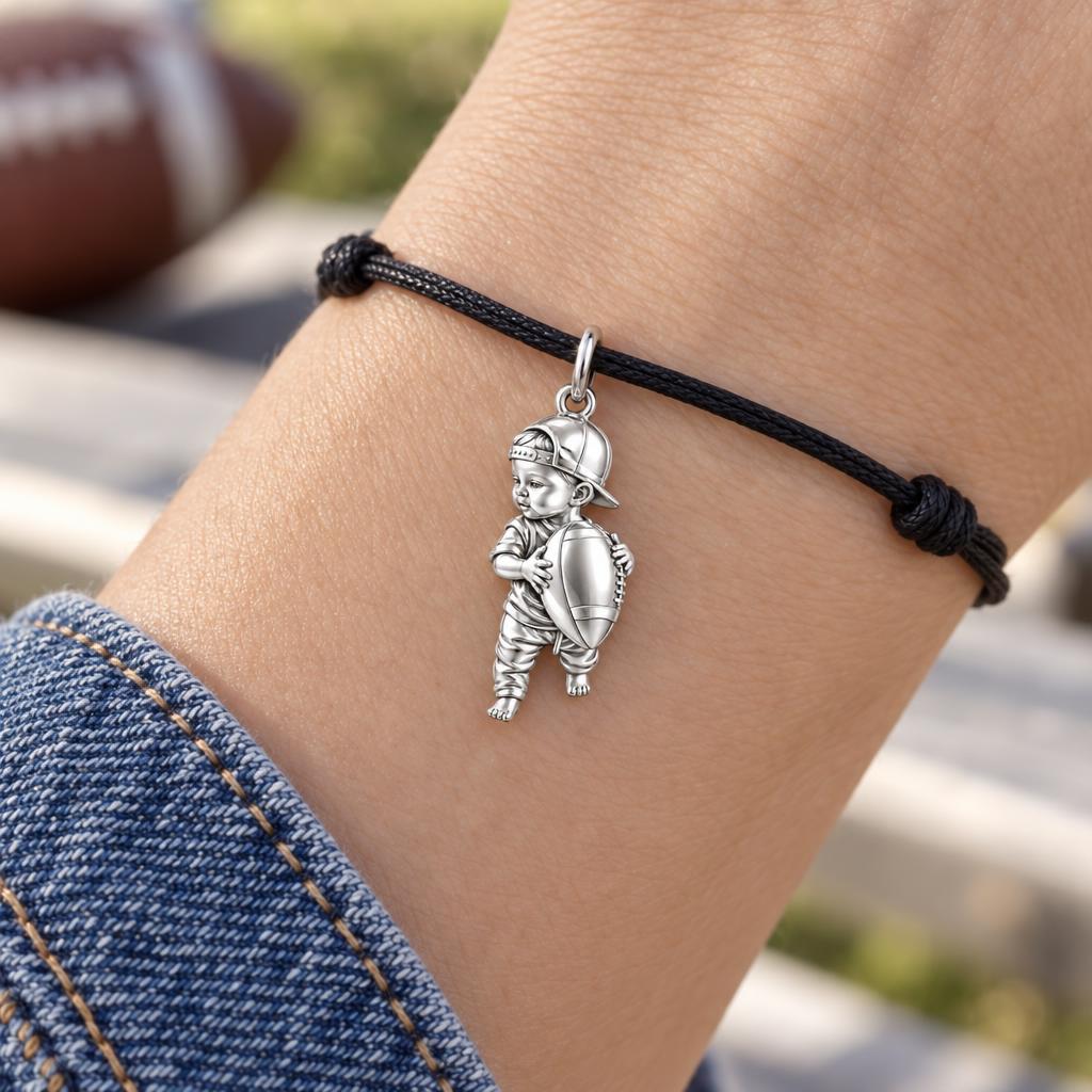 Little MVP Footballer Charm Bracelet – Personalized Mom Gift – worn on the wrist on a black cord bracelet