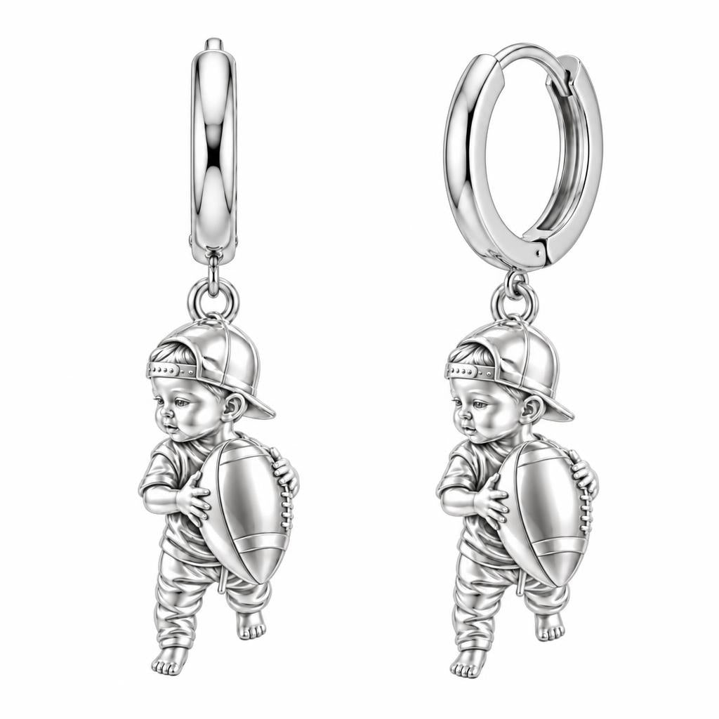 Little MVP Footballer Huggie Charm Earrings – silver, front view