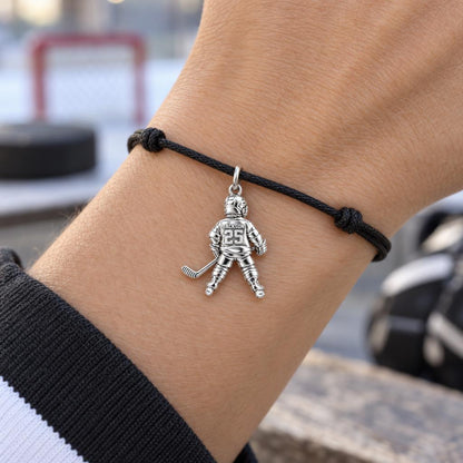 Little MVP Hockey Player Charm Bracelet – Personalized Mom G – worn on the wrist on a black cord bracelet