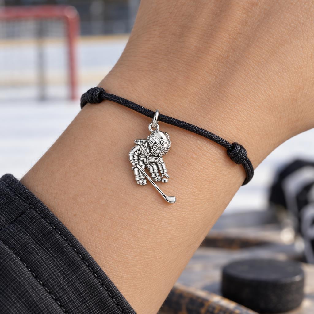 Little MVP Hockey Player Charm Bracelet – Personalized Mom Gift – worn on the wrist on a black cord bracelet